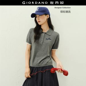 Giordano Women Tipped short sleeve embroidered knit polo shirt Free Shipping 18356811