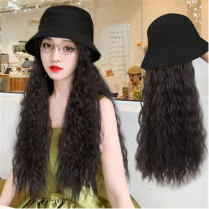 55cm Women Fisherman Hat Wool Roll Wig Hair Extension Natural Convenient One Piece Wig Cap For Ladies Girls