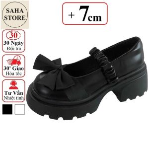 Giày lolita nữ đế cao 7cm quai nhún phối nơ SAHA265 tăng 7p giầy mary jane cute đen trắng dễ thương nàng thơ búp bê