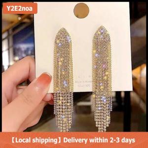 【Local shipping】 Long Tassel Full Rhinestone Drop Earrings For Women Ovsize Crystal Dangle Earrings Fashion Jewelry Accessories