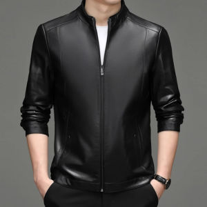 Mens Stand Collar Leather Jacket Sheepskin Plush Coat Short Leather Jacket