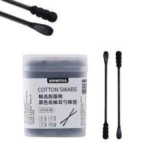 100pcs Disposable Cotton Swab Spiral Ear Cleaner Black Double Heads Medical Swab Cotton Bud Makeup Tool