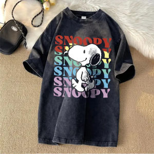 ✅ Womens Casual Cotton T-shirt American Retro Cartoon Cute Print Washed Oversized Loose T-shirt .C