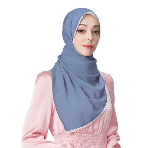 Jifang 2022 New Arrival Women Plain Bubble Chiffon White Lace Brim Decor Pashmina Shawl Muslim Hijabs Shawls WJ773