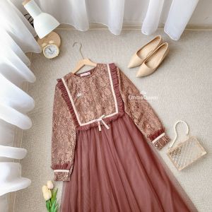 EmmaQueen - Dress Brisia Series 3 Gamis Kondangan Simple Elegan Cotton Tile Kombin Brukat XS/XXL Busui Wudhu Friendly Karet Pinggang