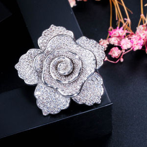 SEQUITO Gorgeous Yellow Gold Silver Plated Big Flower Brooches Pins Full Micro Paved Tiny Shiny AAA Cubic Zirconia Stones Luxury Women Costume Party Clothes Brooch Jewelry for Banquet BP015