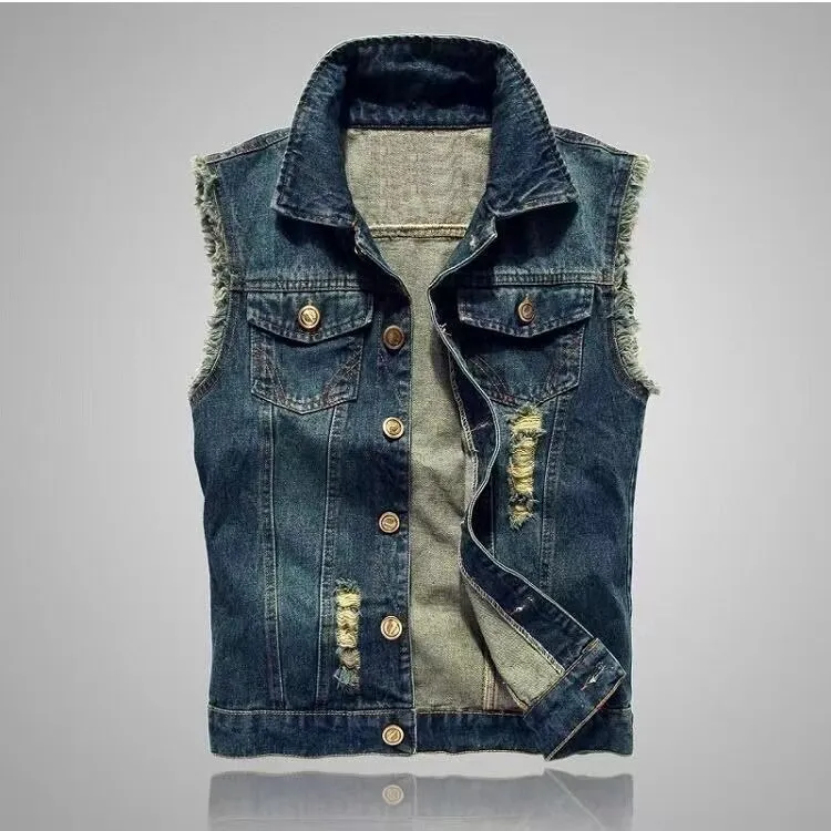 New Men's Denim Vest Ripped Jean Plus Size 6XL Denim Vest Jacket