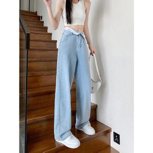 กางเกงยีนส์ขาตรงเอวสูงลายโมโนแกรม ดีไซน์โมโนแกรมเอวสูงใหม่ กางเกงขากว้างทรงหลวม