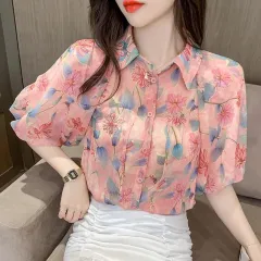 2023 Summer New Puff Sleeve Printed Floral Chiffon Shirt Women's Korean  Style Versatile Slimming and Age-Reducing Sweet Shirt