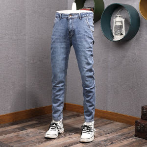 2025Light Blue Mens Casual Slim Fit Jeans Spring Autumn Korean Style Elastic Ankle-Length Pants Versatile Trendy Teenage Jeans09/08