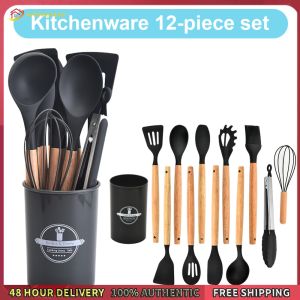 Versatile 12-Piece Kitchen Utensil Set with Heat-Resistant Wooden Handles for Cooking and Serving