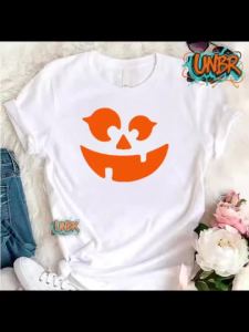 Casual Original COD UNBR Halloween Pumpkin Face OrangeT-Shirt With Halloween Pumpkin Smiling Face Print