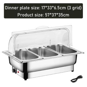 9L Stainless Steel Food Insulation Cabinet with Visual Flip Cover 3 Grids Electric Chafing Dish Food Warmer with Lid Integrated Electric Food Warmer Heater Portable Food Display Cabinet Electric Thermostatic Box Knob adjust Temperature