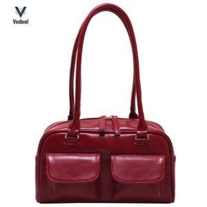Retro Shoulder Handbags Double Pocket PU Leather Underarm Bag Fashion Solid Designer Armpit Bag Casual Zipper Portable Ladies Purses[Vodool Shophouse]