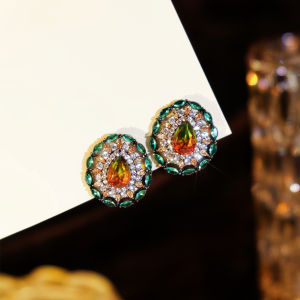 SEQUITO Vintage Ladies Ear Jewelry Black Gold Plated Teardrop Pave Setting Colorful AAAAA Zirconia Round Floral Stud Earrings SE1059