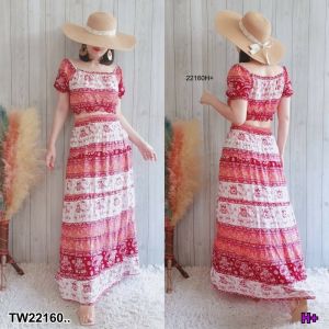 B22160  Set 2 ชิ้น เสื้อคอกว้าง ลายช้าง + กระโปรงยาว Set of 2 pieces: wide neck shirt elephant pattern + long skirt