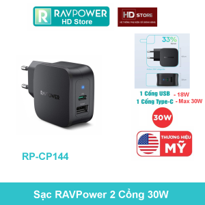 Củ Sạc RAVPower 30W 2 Cổng Sạc nhanh PD ( Type C Max 30W - USB 18W ) - RP PC144 hỗ trợ PD/PPS Bản mới