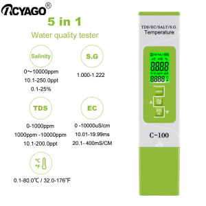 RCYAGO เครื่องวัดความเค็มดิจิทัล IP67 5ใน1มิเตอร์วัดน้ำเค็มด้วย ATC 0.01% ~ 25% เครื่องวัดเกลือความเค็ม0.1% สำหรับน้ำในทะเลตู้ปลาบ่อปลาบ่อกุ้ง