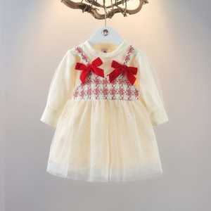 XBABY Dress Anak Perempuan Gaun Tutu Tile Lengan Panjang Pita Rajut O-Neck Manis Elegan Style Usia 1-4 Tahun