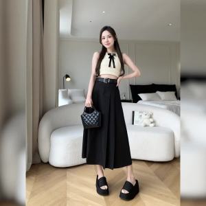 AMMIN กระโปรงยาวปานกลางสไตล์เกาหลีชุดสาวออฟฟิศแฟชั่นเอวสูงแฟชั่น2024ฤดูใบไม้ผลิ/ฤดูร้อนกระโปรงมีจีบ