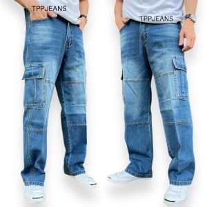 TPPJEANS Straight กางเกงยีนส์ชายสีบลูฟอก ทรงกระบอกใหญ่ วินเทจ กระเป๋าข้าง งานตัดต่อขา เป้าซิป ผ้านิ่ม ใส่สบาย Size 28-36 รับชำระปลายทาง