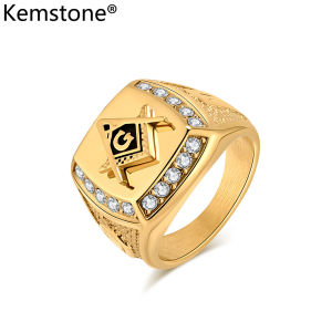 Kemstone masonic nhẫn thép không gỉ nam Zircon mạ vàng nhẫn trang sức vuông