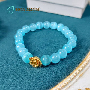 Vòng tay phong thủy đá Mắt Mèo màu xanh biển size hạt 9.3 li phối charm hoa xi mạ cao cấp hợp mệnh Mộc Thủy Hỏa | Hoa Minh Gem