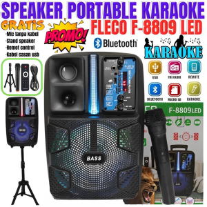 Speaker Bluetooth Fleco F 8809 Led 85 Inch Free Mic Wireless Karaoke + Remote + Stand - Speaker Karaoke Full Bass - Salon Aktif Extra Power Full Bass F-8809 Led - Speaker Aktif Bluetooth Full Bass Ukuran Besar Fleco F-8809 Led Gratis Mic Wireless