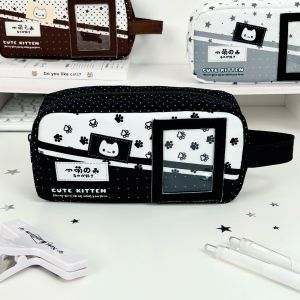 LUMINOU Polka Dot Kitten Print Pencil Case Multi Colors with Handle Pencil Pouch Kawaii with Photo Window Stationery Bag Gift
