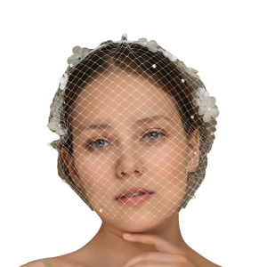 Delicate Faux Pearls Flower Bridal Veil Headpiece with Mesh Design for Wedding Church Chapel Veil Photography Accessories