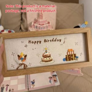 OOC Wooden Frame DIY Embroidery Craft Kit Creative Happy Birthday Pre-Printed Pattern Embroidery Photo Frame Simple Homemade Complete Set Embroidery Hoop Art Frame Christmas Gift