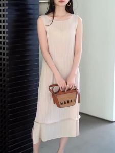 5291 Sanzhai Sleeveless Round Neck WomenS Clothing Mid-Length Pleated Dress Summer Slimming Elegant   One Size (45-75kg)