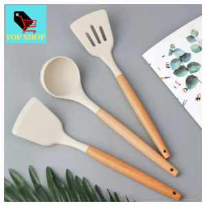 TOP SHOP  3PCS Wooden Handle Food Grade Heat-resistant Non-stick Silicone Kitchen Cooking Utensils Set sandok Spatula