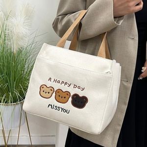 SVSAKZ168 Cute 3 Bears Embroidery Tote Bag Large Capacity Zipper Closure Handbag Fashion Reusable Canvas Lunch Bag Office