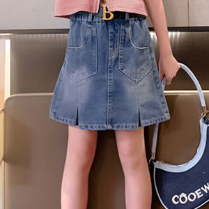 Rolanko 5-14 Years Kids Girls Denim Skirt /Pink Grey Top Girl Clothes Korean Washed Jean Mini Short Dress Summer Bottom Lapel Zipper Casual Clothing
