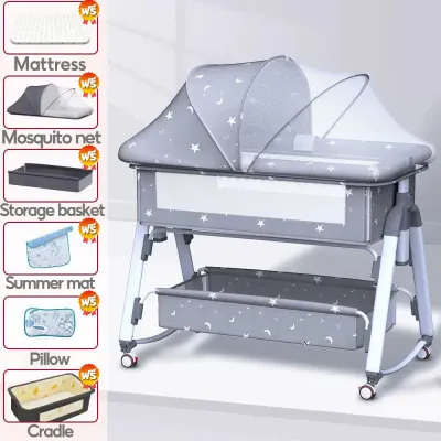 Adjustable 3-in-1 Baby Crib with Mosquito Net Storage Basket and Universal Wheels for 0-3 Years High Quality Nursery Bed