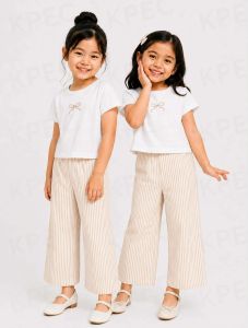 BB ..Chic Striped Cotton-Blend T-Shirt & Wide-Leg Pants Set for Girls