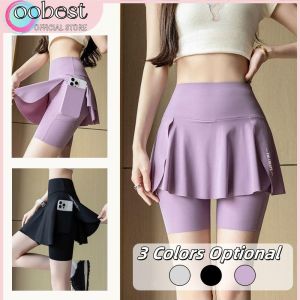oobest 【Delivery 2-3 days】 Sport Pants For Women Quick-Dry Anti-Exposure Sports Skirt With Pockets Fake Two-piece Skirt Pants Womens Summer High Waist Yoga Running Skirt For Fitness Panty