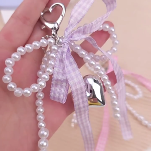 Korean Pearls Bows Keychain Multi Function Bag Charm Accessory Phone Ornament Heart Pendant for Women and Girls