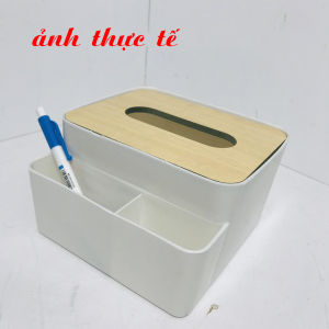 Hộp Đựng Khăn Giấy Ăn Để Bàn Nắp Gỗ  Hộp Giấy Ăn 3 Ngăn Đựng Đồ Tiện Ích Điều Khiển Đa Năng Kích Thước: 16x16x9cm Dieulinhshop