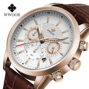 WWOOR Watches Mens Luxury Leather Quartz Wristwatch Male Waterproof Date Clock Rose Glod Sports Chronograph Men Watches For Free Box-8845