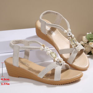 [Free Shipping] 2026 Summer New WomenS Sandals Plus Size Fashionable Elastic Band Ethnic Style Fish Mouth Slip-On Wedge Heel Sandals For Women