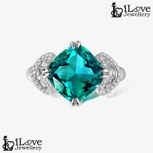 iLove Jewellery 925 Sterling Silver 18K White Gold Plated 5ct Cushion Blue-Green Cubic Zirconia Ring Luxury Jewelry Gifts for Women Fashion ILR032