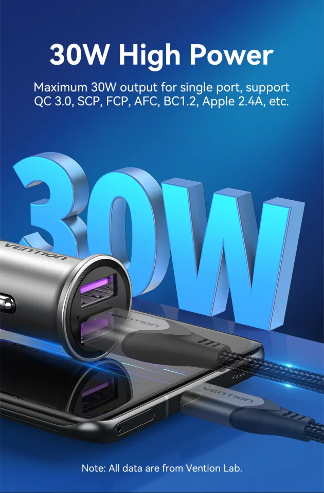 Vention Car Charger adapter Dual USB 30W Quick Charge Fast