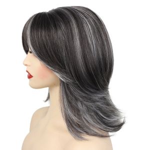 YOYO CHARMING Highlight Ombre Layered Wigs with Bangs Dark Gray Hair Extension Ladies Mommy Wigs Fashion Breathable Short Synthetic Hair for Black Women
