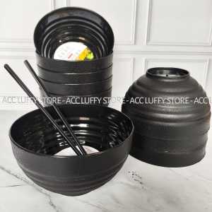6 PCS mangkok Ramen Hitam (GRATIS SUMPIT) - Mangkok Japan - Mangkok ramen Ulir - Mangkok plastik lusinan murah - Mangkuk Hitam Bulat