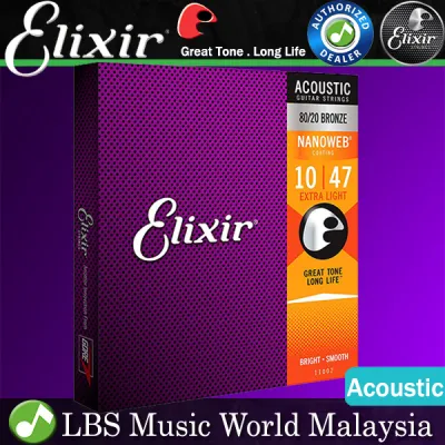 Elixir 11002 Nanoweb Acoustic Guitar String 80/20 Bronze Extra Light Bright Focus Smooth (10-47) 11002 11027 11052 11077 11102 11182