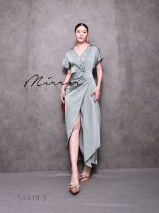 🔖Mirrorsister 50318.5 เดรสออกงาน ชุดออกงาน งานแต่ง เดรสซาติน คอวีอกไขว้ จับDrapช่วงเอว กระโปรงทรงทิวลิป