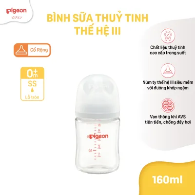 Bình sữa Thủy Tinh chống đầy hơi Pigeon cổ rộng cho bé sơ sinh núm ti siêu mềm chống sặc cho trẻ 160ml/240ml chính hãng