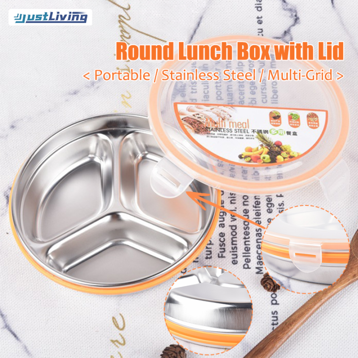 JustLiving Portable Round Lunch Box with Lid Food Grade Stainless Steel ...